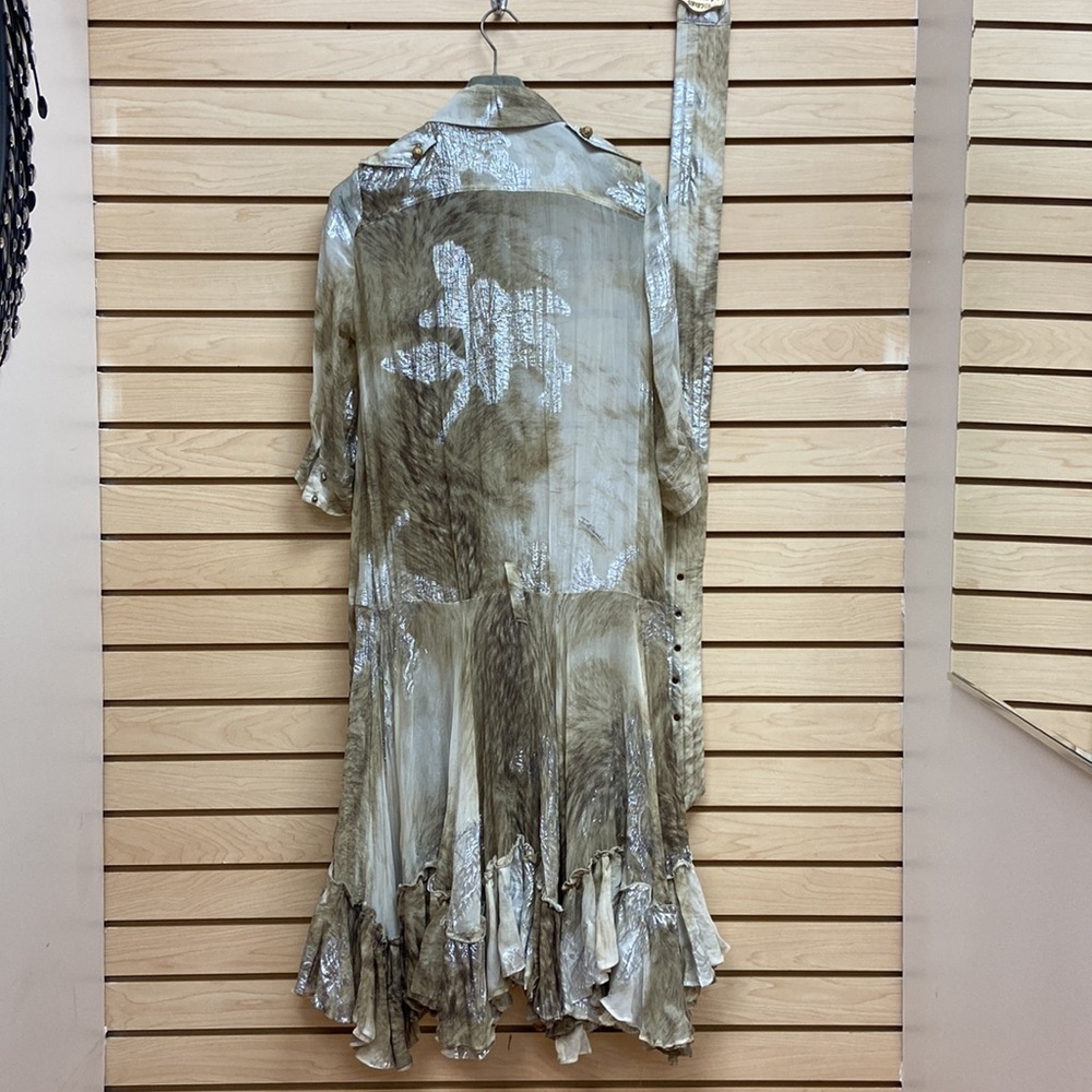 Just Cavalli Silver and Taupe Long Sleeve Ruffle-Hem Shirt Dress - Picture 6 of 11